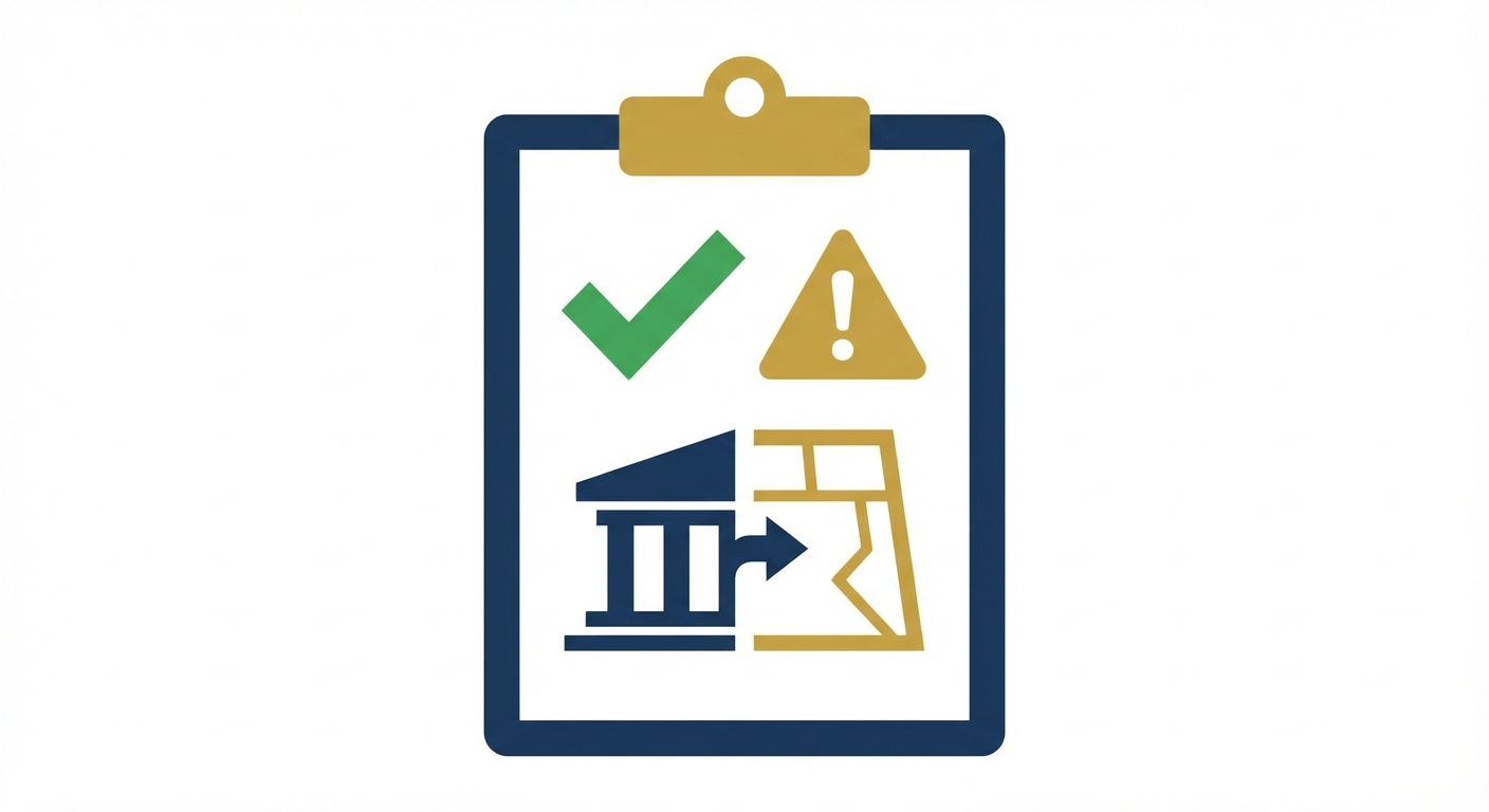 안전(V)과 주의(!) 아이콘이 표시된 부동산 권리 분석 체크리스트