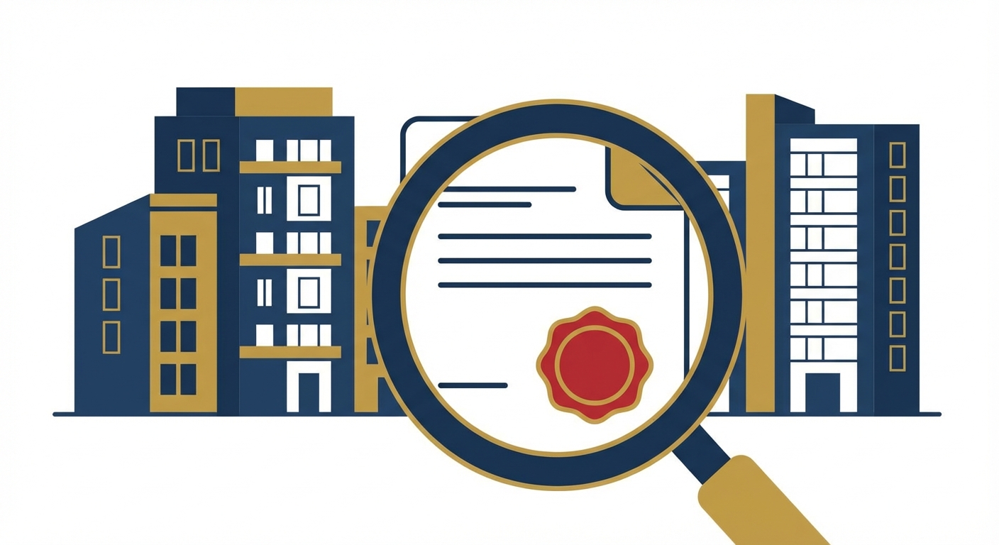 아파트 단지와 돋보기로 비춰본 등기부 등본 서류가 조화된 대표 이미지