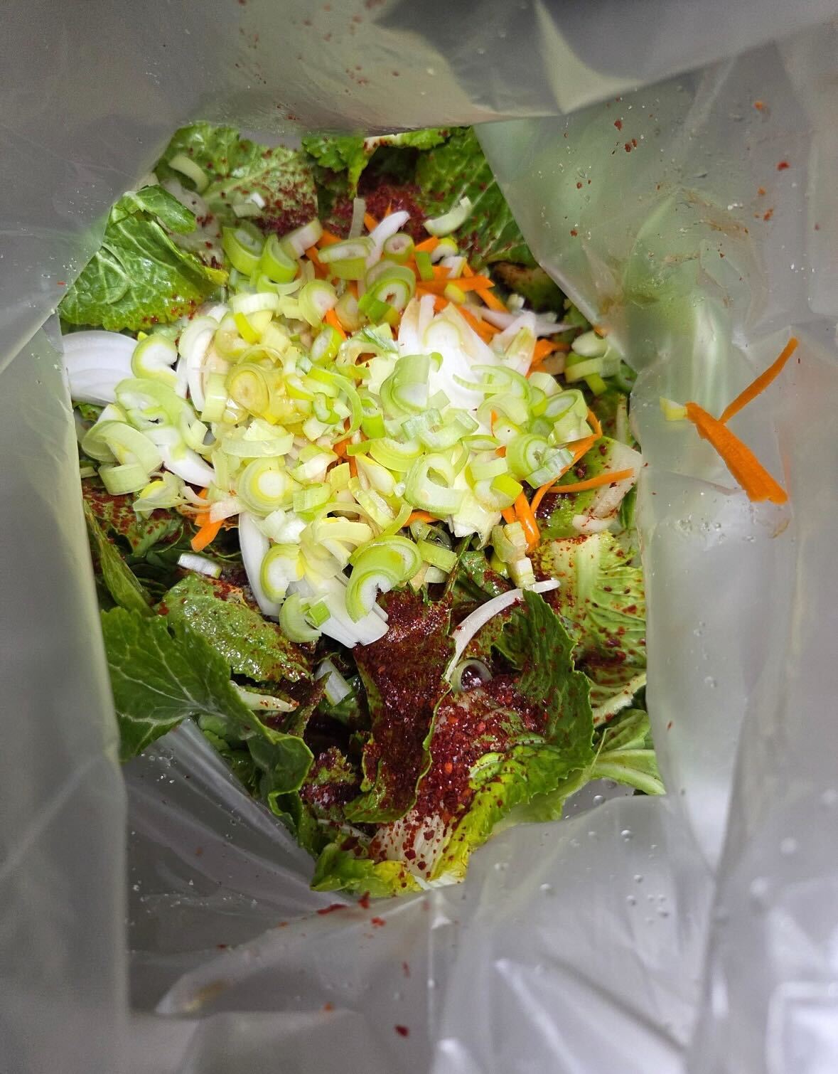 봄동무침 재료 준비 — 비닐봉지에 봄동, 쪽파, 당근채, 양파 한가득