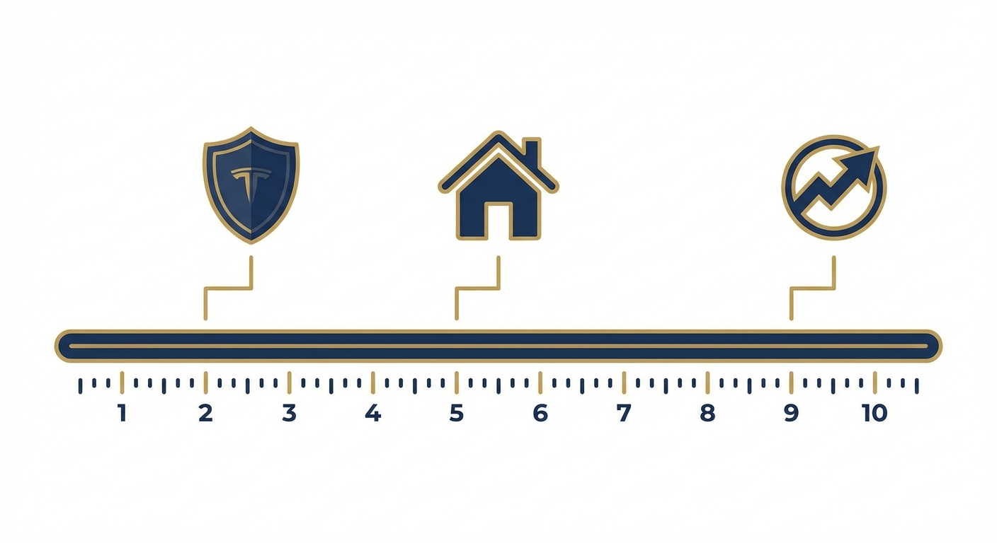 10년 단위의 타임라인과 5가지 절세 전략 아이콘(시계, 집, 펀드 그래프 등)이 배치된 인포그래픽 스타일 삽화