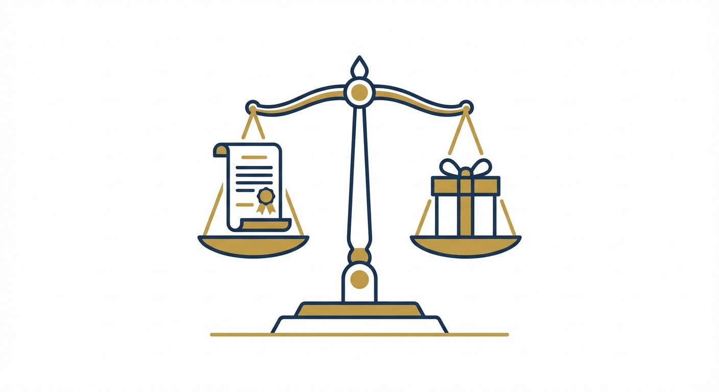 상속(서류)과 증여(선물상자)를 저울질하며 고민하는 자산가의 모습을 형상화한 깔끔한 일러스트