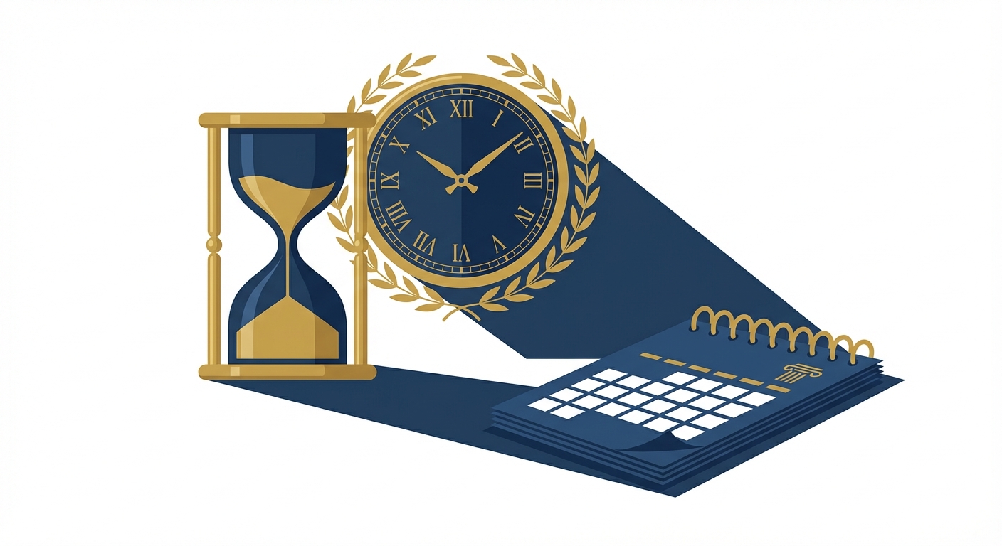 모래시계 옆에서 달력의 날짜가 지나가는 것을 지켜보는 시계 바늘