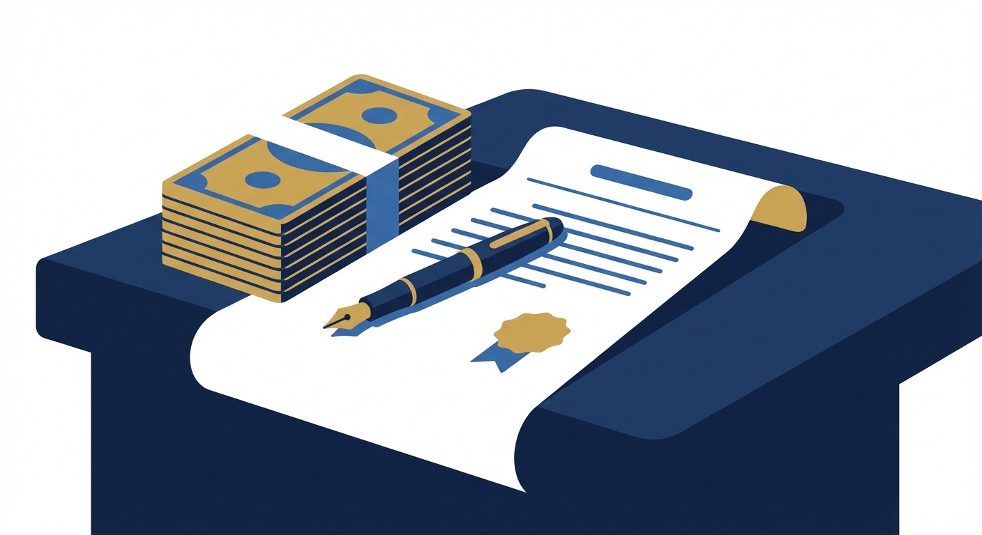 책상 위에 놓인 금전 뭉치와 그 옆에 놓인 만년필과 정돈된 법률 서류