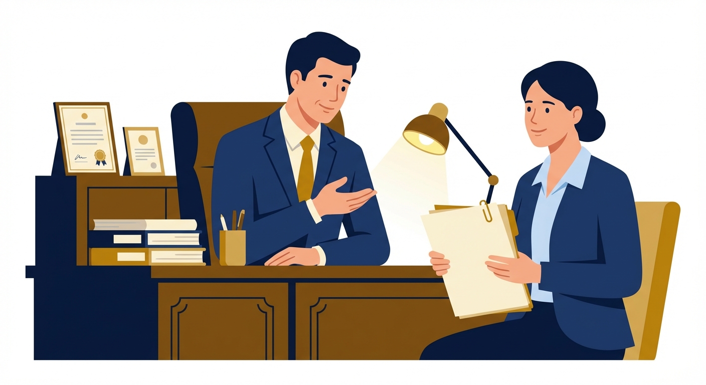 단정한 정장 차림의 법률 전문가가 책상을 사이에 두고 의뢰인에게 차분하게 설명을 건네며 서류를 검토하고 있는 모습