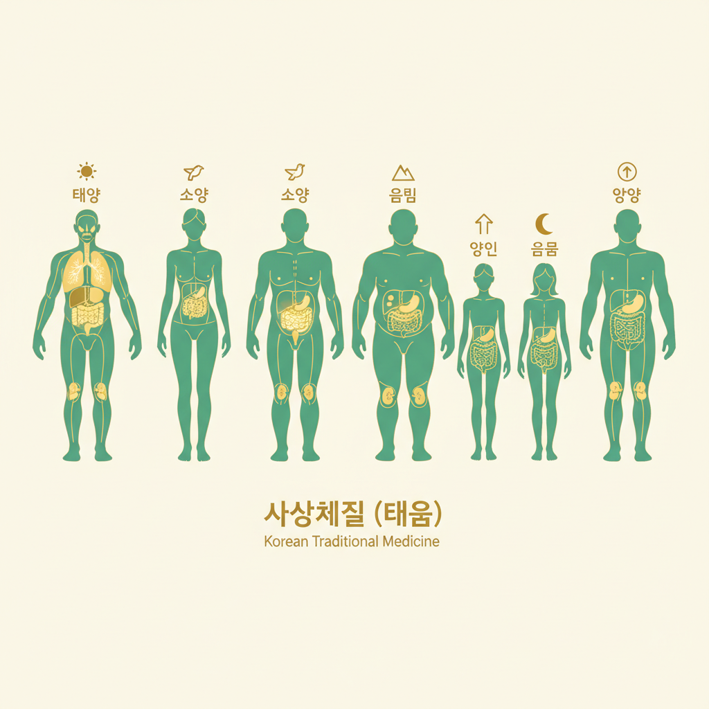 8체질의학의 8가지 체질 분류표와 인체 장부도를 결합한 인포그래픽 일러스트